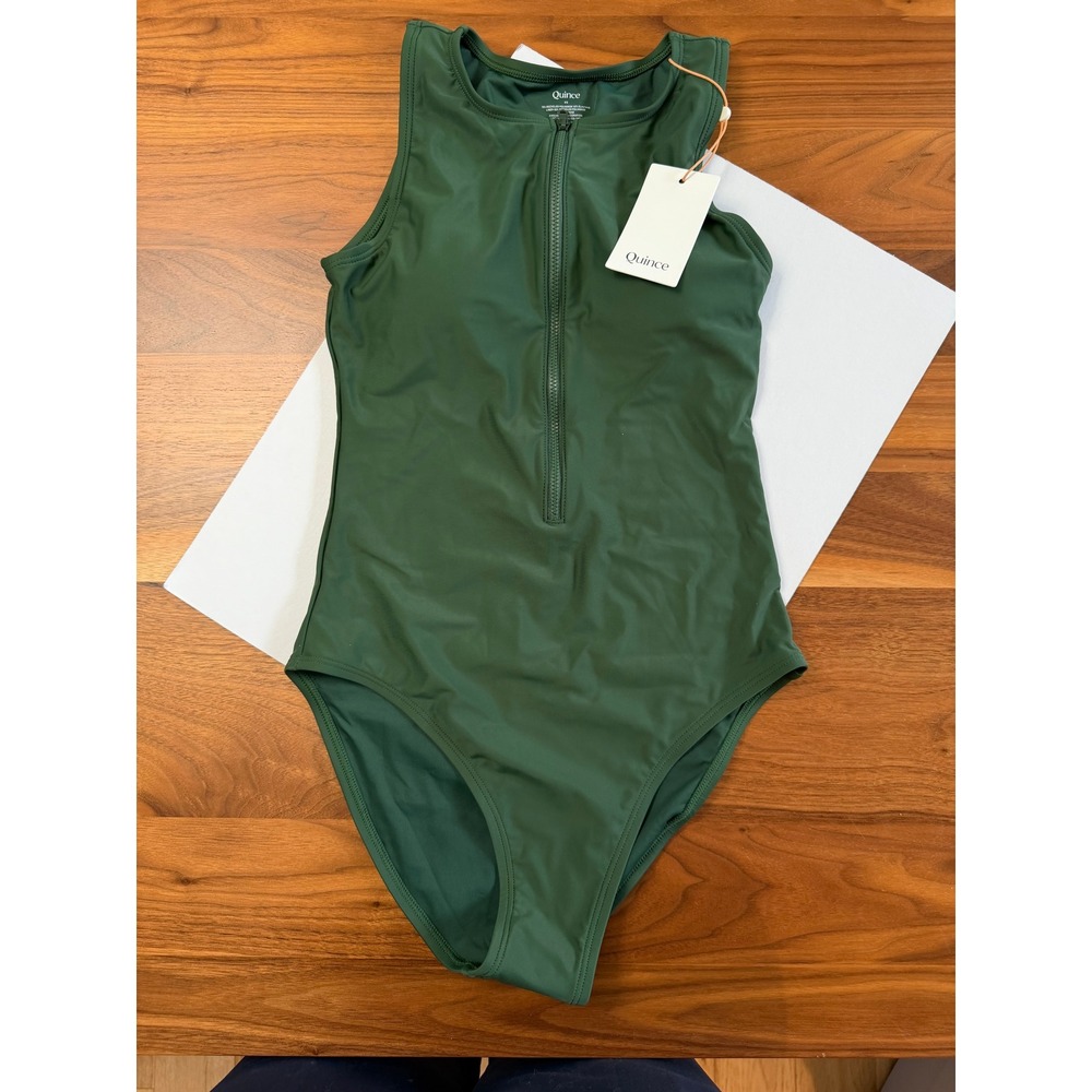 New Quince Italian Zip-Front One-Piece Swimsuit XS Green Athletic Modest - Picture 7 of 9